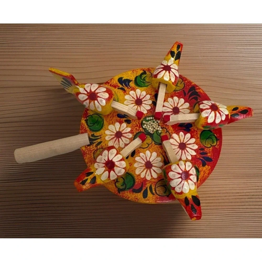 Vtg Wooden Russian Folk Art Pecking Chickens Moveable Toy Hand Carved